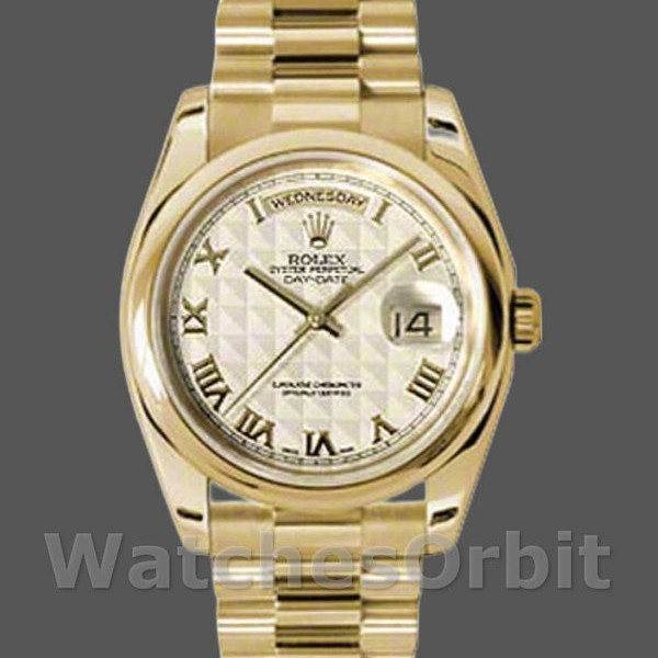 Replique Rolex Day-Date 36mm Unisex-118208-Or jaune-Numéro romain Pyramide-Cadran Ivoire Ivoire