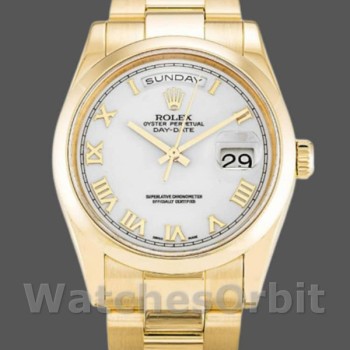 Replique Rolex Day-Date 36mm Unisex-118208-or jaune-cadran blanc-numéro romain blanc