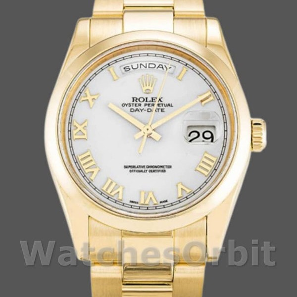 Replique Rolex Day-Date 36mm Unisex-118208-or jaune-cadran blanc-numéro romain blanc
