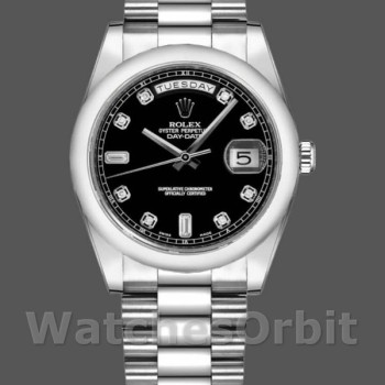 Replique Rolex Day-Date 36mm Unisex-118209-Cadran noir-Or blanc Noir