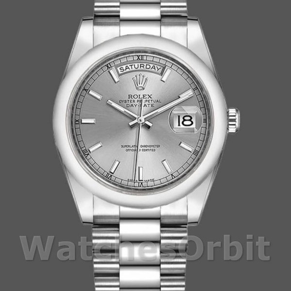 Replique Rolex Day-Date 36mm Unisex-118209-Cadran argenté-Or blanc-Argenté