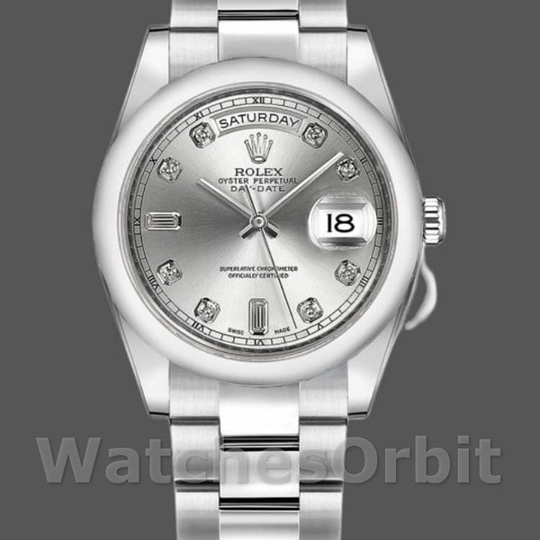 Replique Rolex Day-Date 36mm Unisex-118209-Argent Cadran Diamant-Automatique Argent