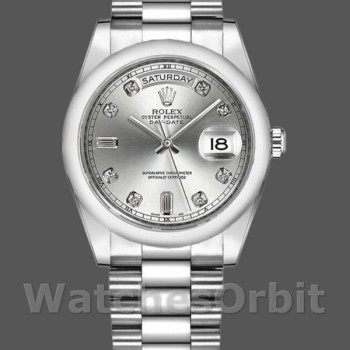 Replique Rolex Day-Date 36mm Unisex-118209-or blanc-cadran argenté à diamants-automatique argenté