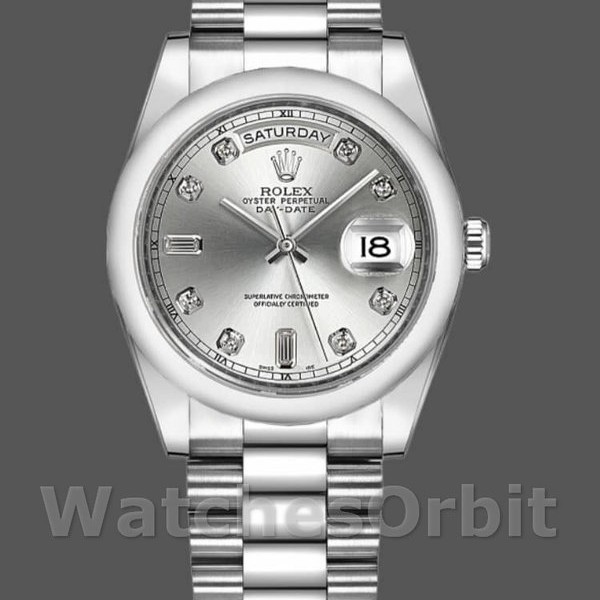 Replique Rolex Day-Date 36mm Unisex-118209-or blanc-cadran argenté à diamants-automatique argenté