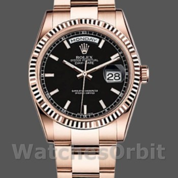 Replique Rolex Day-Date 36mm Unisex-118235-Cadran noir-Nivelle cannelée Noir
