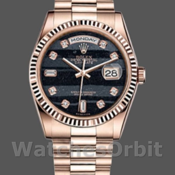 Replique Rolex Day-Date 36mm Unisex-118235-Everose Gold-Diamond Ferrite Dial Black