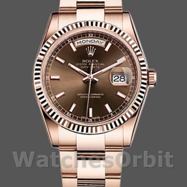 Replique Rolex Day-Date 36mm Unisexe-118235-Couronne cannelée-Cadran chocolat pour unisexe