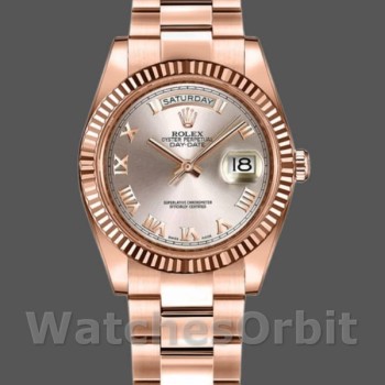 Replique Rolex Day-Date 36mm Femmes-118235-Pink Roman Numeral Dial-Fluted Bezel Pink pour Femmes