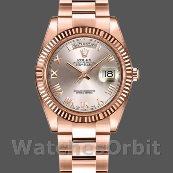 Replique Rolex Day-Date 36mm Femmes-118235-Pink Roman Numeral Dial-Fluted Bezel Pink pour Femmes