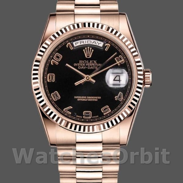 Replique Rolex Day-Date 36mm Unisex-118235-Rose Gold-Black Arabic Dial Noir