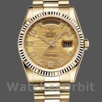 Replique Rolex Day-Date 36mm Unisex-118238-Arabic Numeral Wave-Champagne Dial-Yellow Gold Champagne unisexe