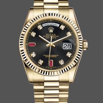 Replique Unisexe - Rolex Day-Date 36mm Hommes-118238-Cadran noir à diamants-Colonne cannelée Noir