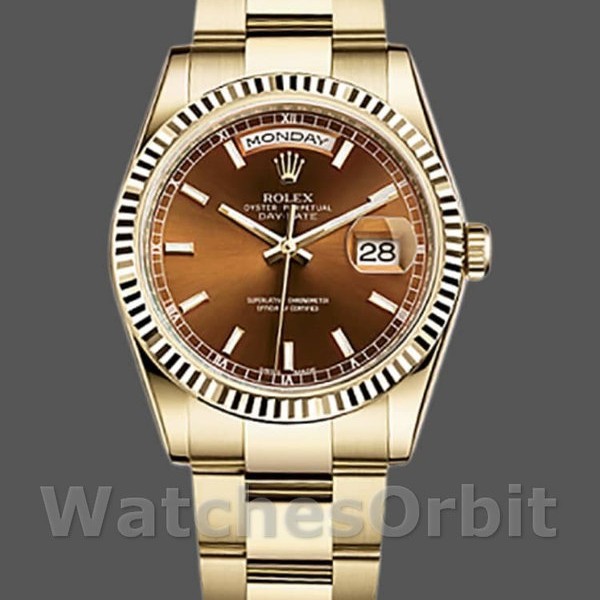 Replique Rolex Day-Date 36mm Unisex-118238-Index Cognac Dial-Fluted Bezel <span style=