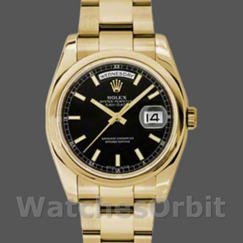 Replique Hommes Rolex Day-Date 36mm Hommes-118238-Or jaune-cadran noir-acier inoxydable noir
