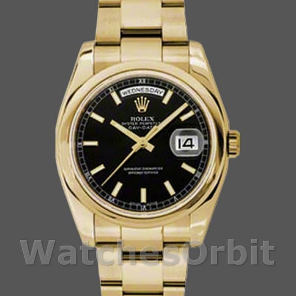 Replique Hommes Rolex Day-Date 36mm Hommes-118238-Or jaune-cadran noir-acier inoxydable noir