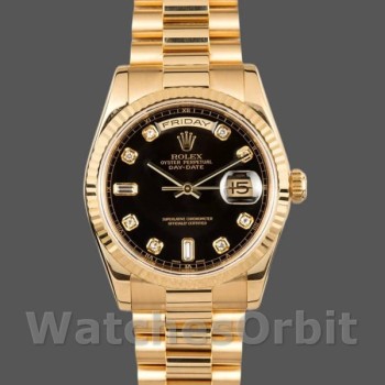 Replique Hommes Rolex Day-Date 36mm Hommes-118238-Or jaune Cadran noir diamant Noir