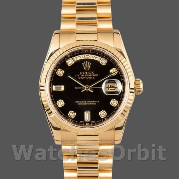 Replique Hommes Rolex Day-Date 36mm Hommes-118238-Or jaune Cadran noir diamant Noir