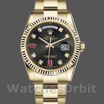 Replique Hommes Rolex Day-Date 36mm Hommes-118238-Or jaune-Diamant noir-Cadran lunette cannelée Noir