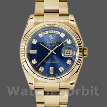 Replique Rolex Day-Date 36mm Unisex-118238-Or jaune Cadran bleu diamant Bleu