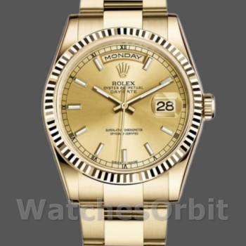 Replique Rolex Day-Date 36mm Unisexe-118238-Or jaune - Lunette cannelée - Cadran champagne Luxe