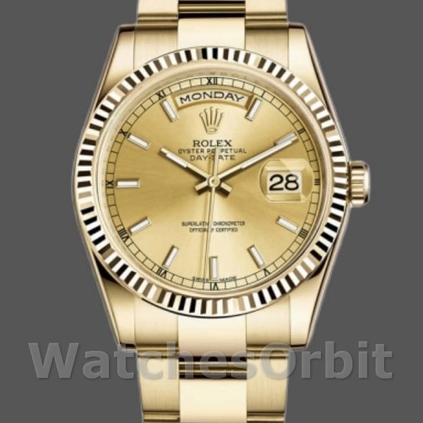 Replique Rolex Day-Date 36mm Unisexe-118238-Or jaune - Lunette cannelée - Cadran champagne Luxe