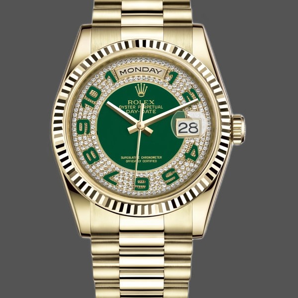 Replique Rolex Day-Date 36mm Unisex-118238-Or jaune Cadran vert pavé de diamants Vert