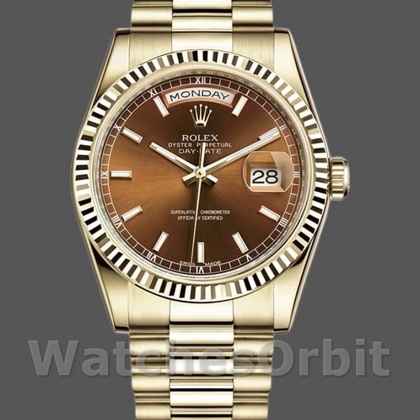 Replique Rolex Day-Date 36mm Unisex-118238-Or jaune-Index Cadran Cognac <span style=