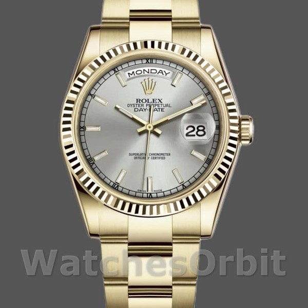 Replique Rolex Day-Date 36mm Unisex-118238-Or jaune Cadran argenté Lunette cannelée Argenté