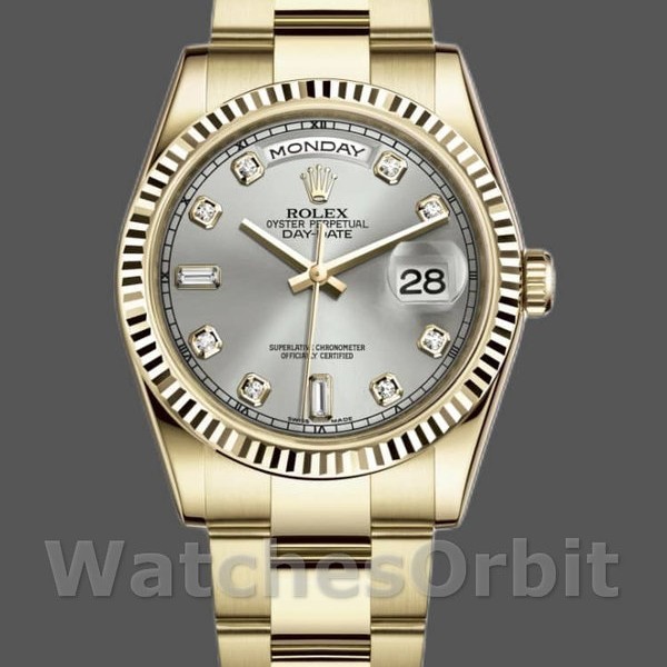 Replique Rolex Day-Date 36mm Unisex-118238-Or jaune-argent Cadran diamant Argent