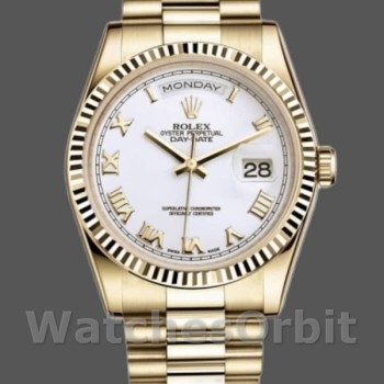 Replique Rolex Day-Date 36mm Unisex-118238-Or jaune Cadran blanc Lunette cannelée Blanc<br />