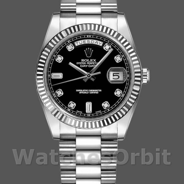 Replique Rolex Day-Date 36mm Unisex-118239-Diamants noirs Cadran Lunette cannelée Noir