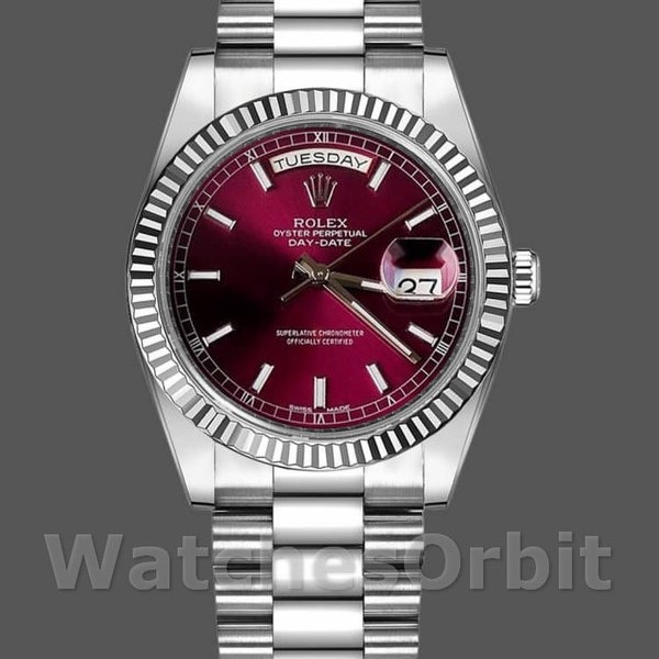 Replique Rolex Day-Date 36mm Femmes-118239-Cherry Cadran Rouge-Cerise Lunette Cannelée Cerise