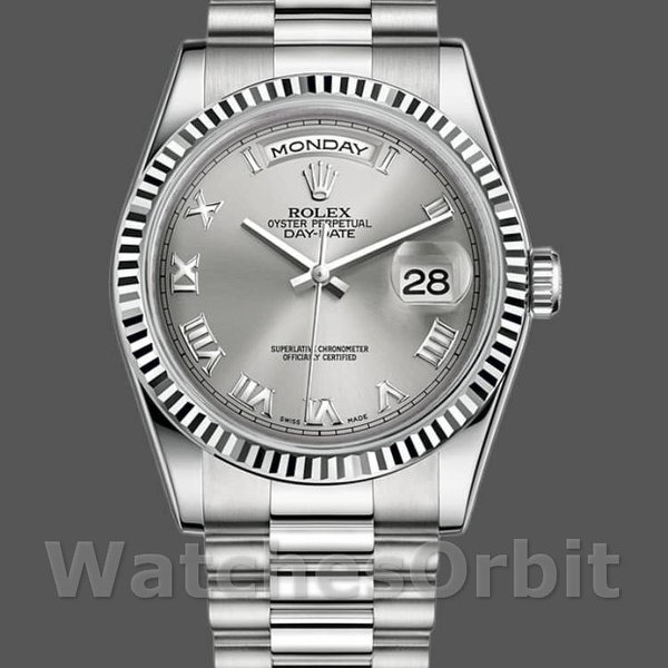 Replique Rolex Day-Date 36mm Unisex-118239-Rhodium Cadran romain-Or blanc Rhodium