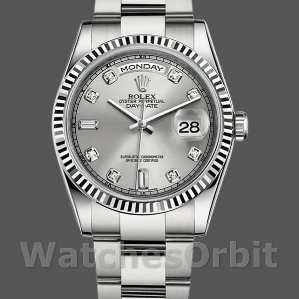Replique Rolex Day-Date 36mm Unisex-118239-Argent Cadran diamant Lunette cannelée Argenté