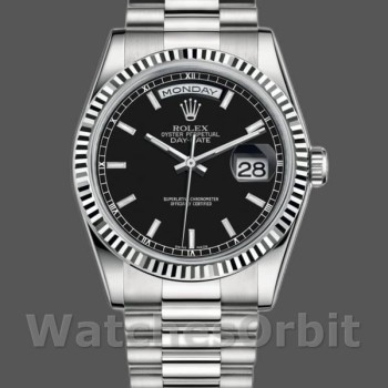 Replique Rolex Day-Date 36mm Unisex-118239-Or blanc Cadran noir Lunette cannelée Noir