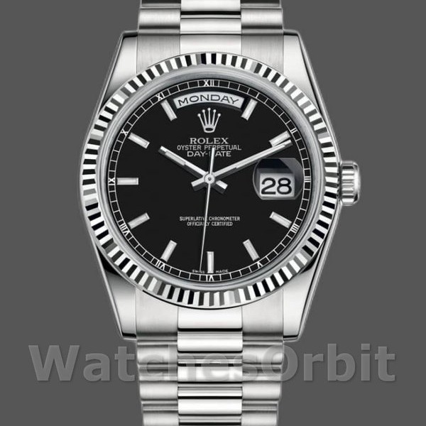Replique Rolex Day-Date 36mm Unisex-118239-Or blanc Cadran noir Lunette cannelée Noir