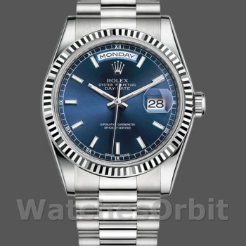 Replique Rolex Day-Date 36mm Unisex-118239-Or blanc-Cadran bleu Unisexe