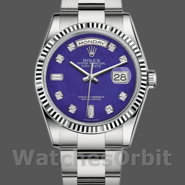 Replique Rolex Day-Date 36mm Unisex-118239-Or blanc-Diamond-Lapis Lazuli Cadran bleu Bleu