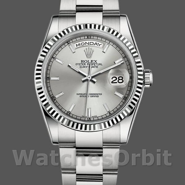 Replique Rolex Day-Date 36mm Unisex-118239-Or blanc-Cadran argenté Argenté