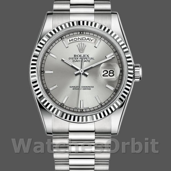 Replique Rolex Day-Date 36mm Unisex-118239-Or blanc Cadran argenté Lunette cannelée Argenté