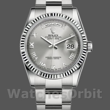 Replique Rolex Day-Date 36mm Unisex-118239-Or blanc-Argent Cadran chiffres romains Argent