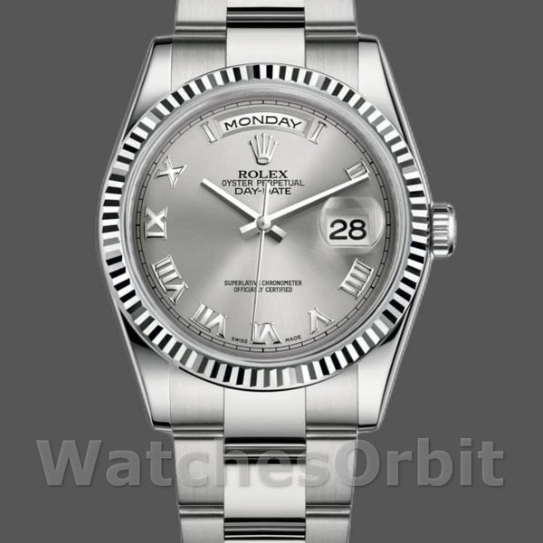 Replique Rolex Day-Date 36mm Unisex-118239-Or blanc-Argent Cadran chiffres romains Argent