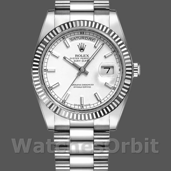 Replique Rolex Day-Date 36mm Unisex-118239-Or blanc Cadran blanc Lunette cannelée Blanc
