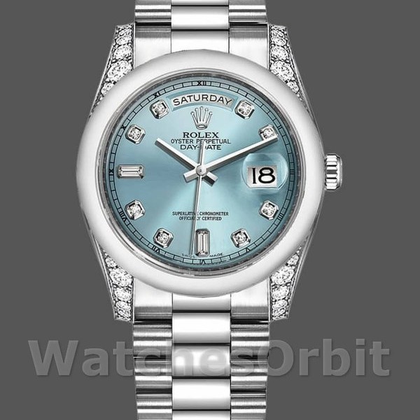 Replique Rolex Day-Date 36mm Unisex-118296-Platinum-Ice Blue Dial-Diamond Ice Blue