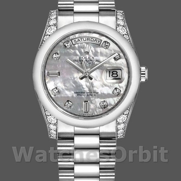 Replique Rolex Day-Date 36mm Unisex-118296-Platinum-MOP Cadran blanc-Diamond MOP
