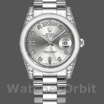 Replique Rolex Day-Date 36mm Unisex-118296-Platinum-Silver Dial-Diamond Silver