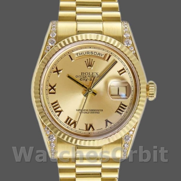 Replique Rolex Day-Date 36mm Unisex-118338-Champagne Cadran romain Lunette diamant Champagne