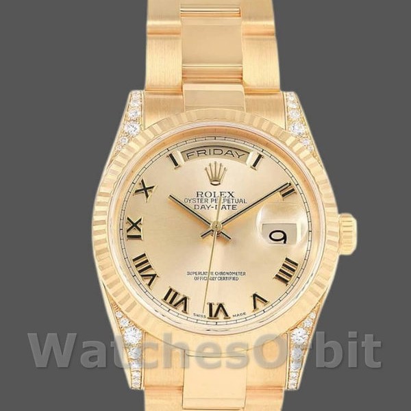 Replique Rolex Day-Date 36mm Unisex-118338-Or jaune Cadran Champagne-Numéros romains Champagne
