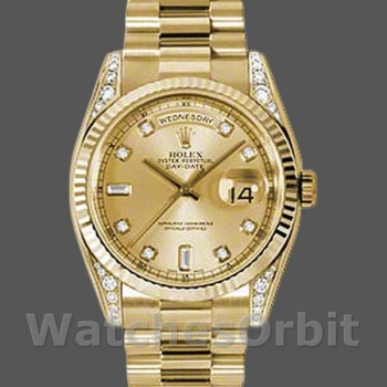 Replique Rolex Day-Date 36mm Unisex-118338-Or jaune-Champagne Cadran Diamants Champagne