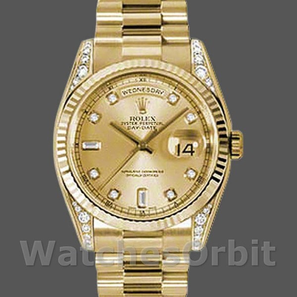 Replique Rolex Day-Date 36mm Unisex-118338-Or jaune-Champagne Cadran Diamants Champagne